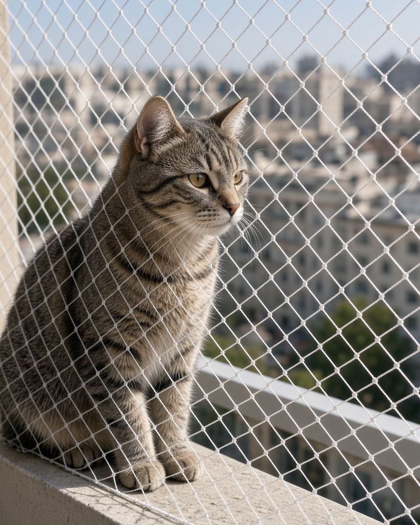 Gato sentado en un balcón detrás de una malla de protección