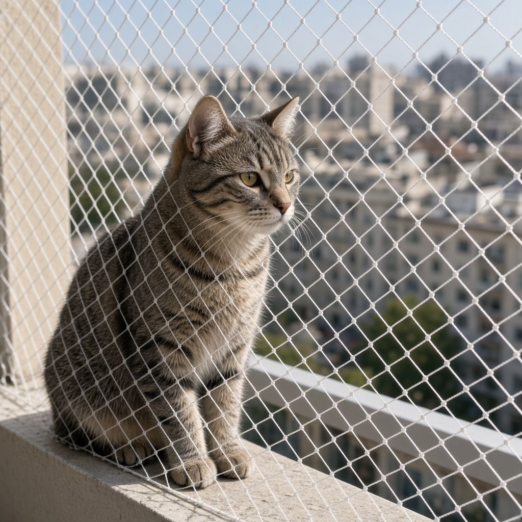 Malla para gatos frente a un gato sentado en el borde de un balcón