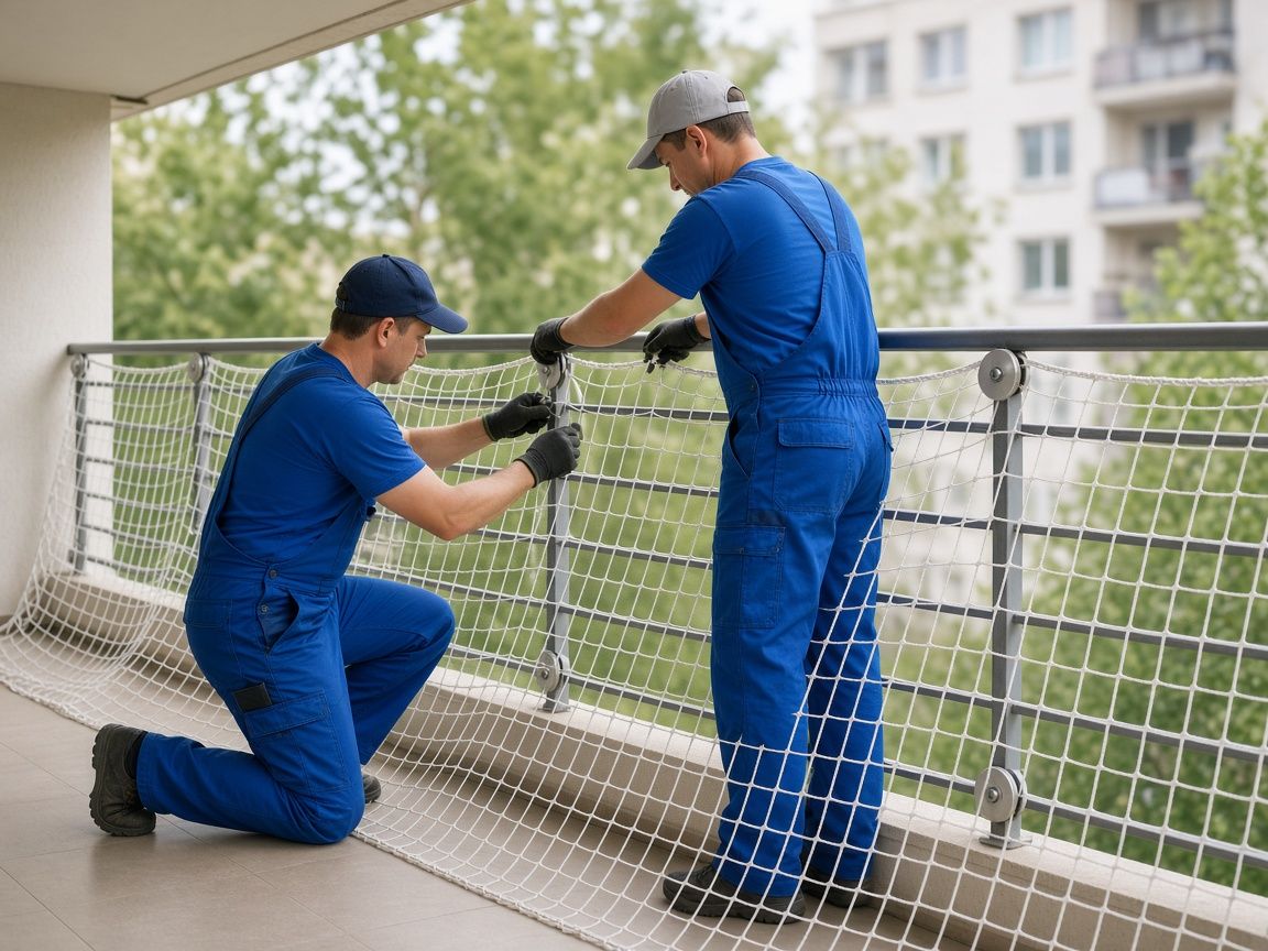 Dos técnicos instalando una malla de seguridad en la baranda de un balcón