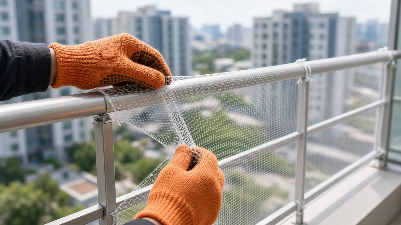Manos con guantes instalando una malla de protección en la baranda de un balcón