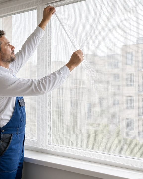 Técnico instalando una malla de protección en una ventana amplia