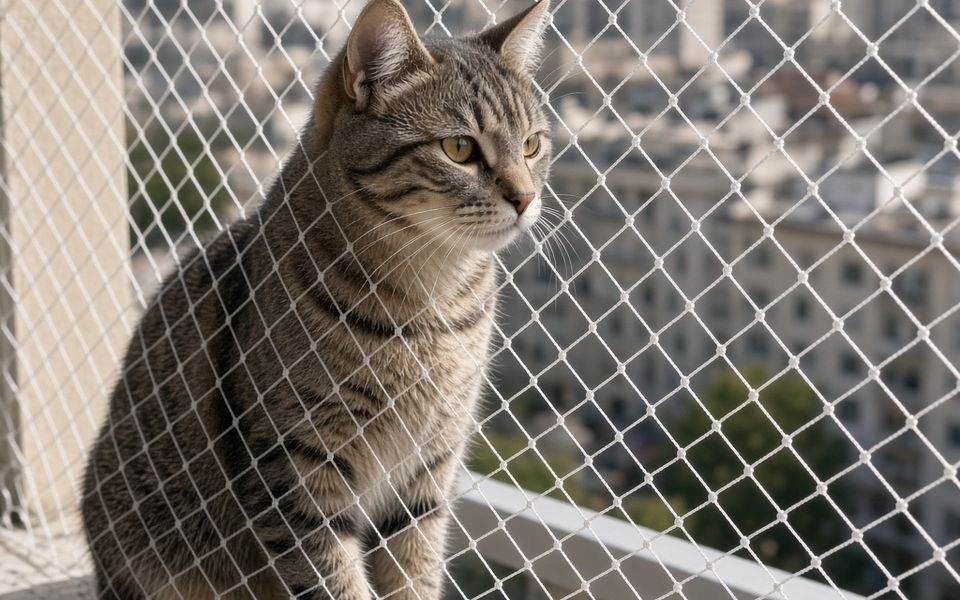 Gato sentado en un balcón protegido con malla