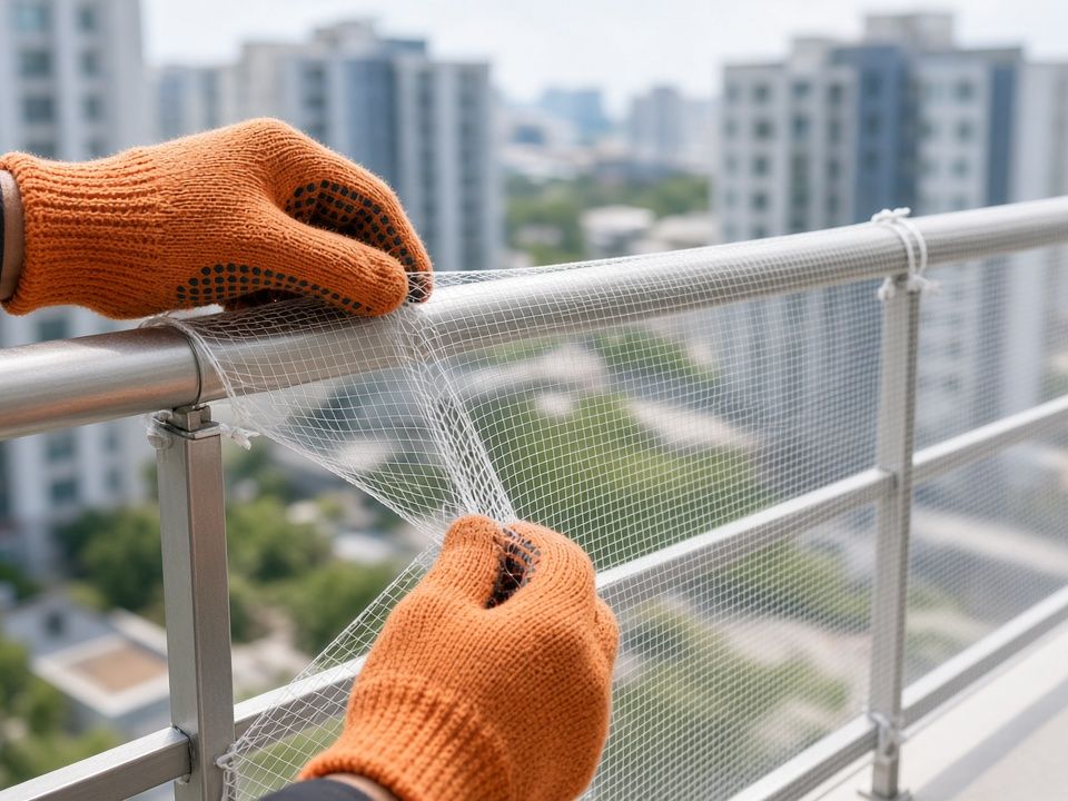 Tensado de una malla de seguridad para balcones en la baranda