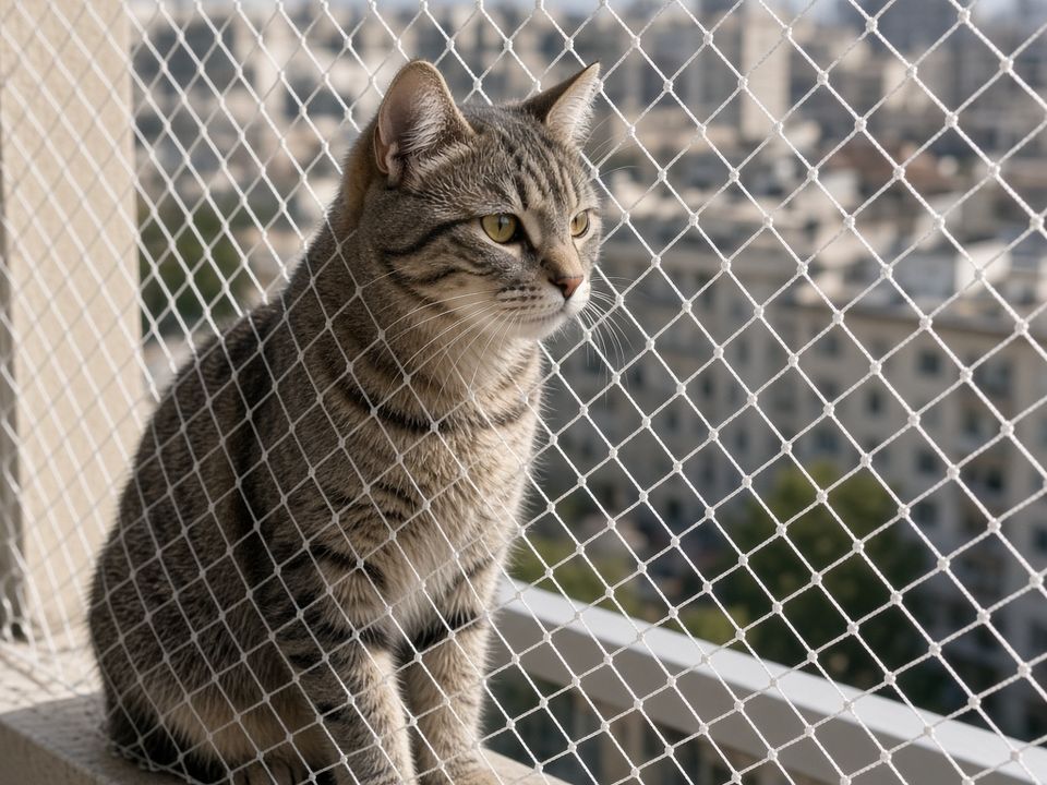 Gato sentado junto a una malla para gatos en el borde de un balcón