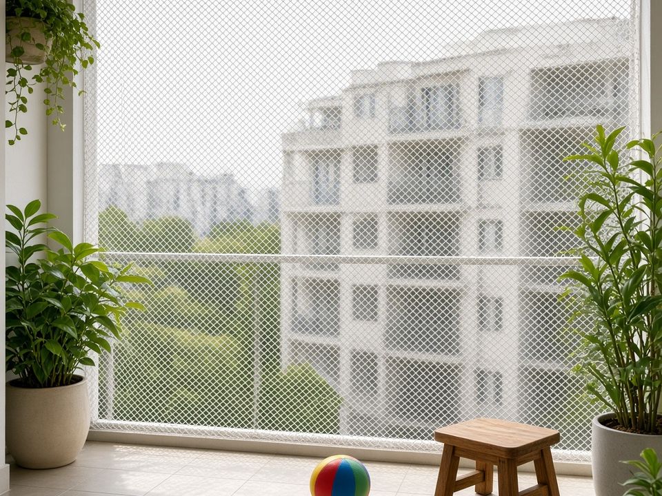 Terraza con malla, pelota y plantas